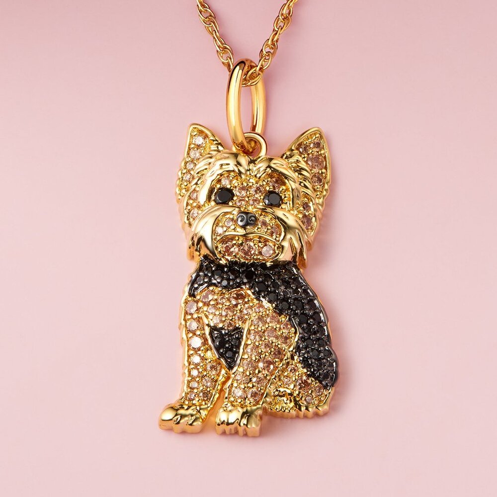 YORKIE Dog Breed Gold Plated Sterling Silver Rhinestone CZ Pendant Necklace NEW